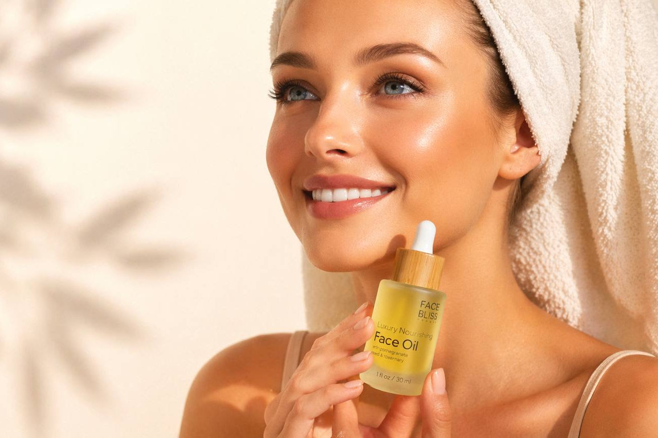 Woman holding a bottle of Face Oil with a neutral background