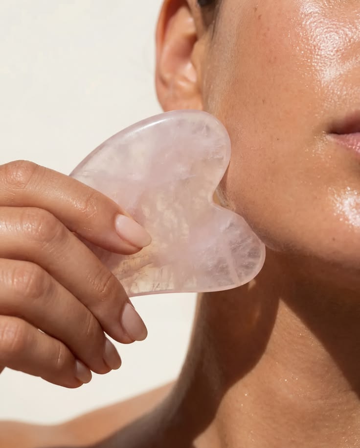 Woman using a pale pink gua sha stone along her cheek and jawline