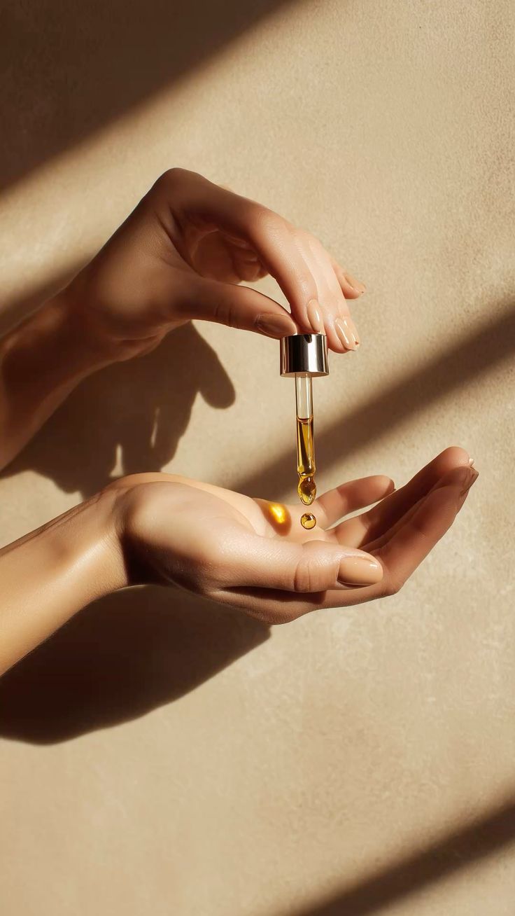 Golden facial oil dripping from a glass dropper into an open palm