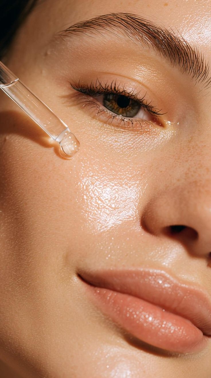 Close-up of a glass dropper applying serum to the cheek