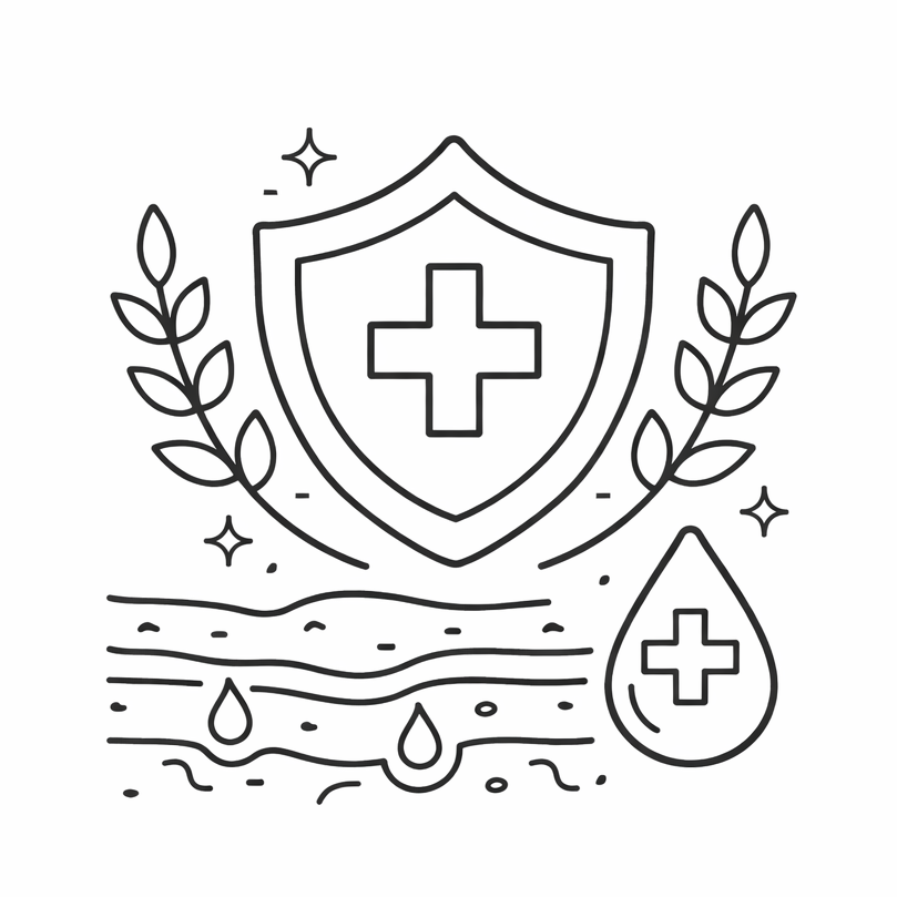 Icon of a shield with a cross, surrounded by leaves and a droplet, on a white background with text 'Skin Barrier Repair'.