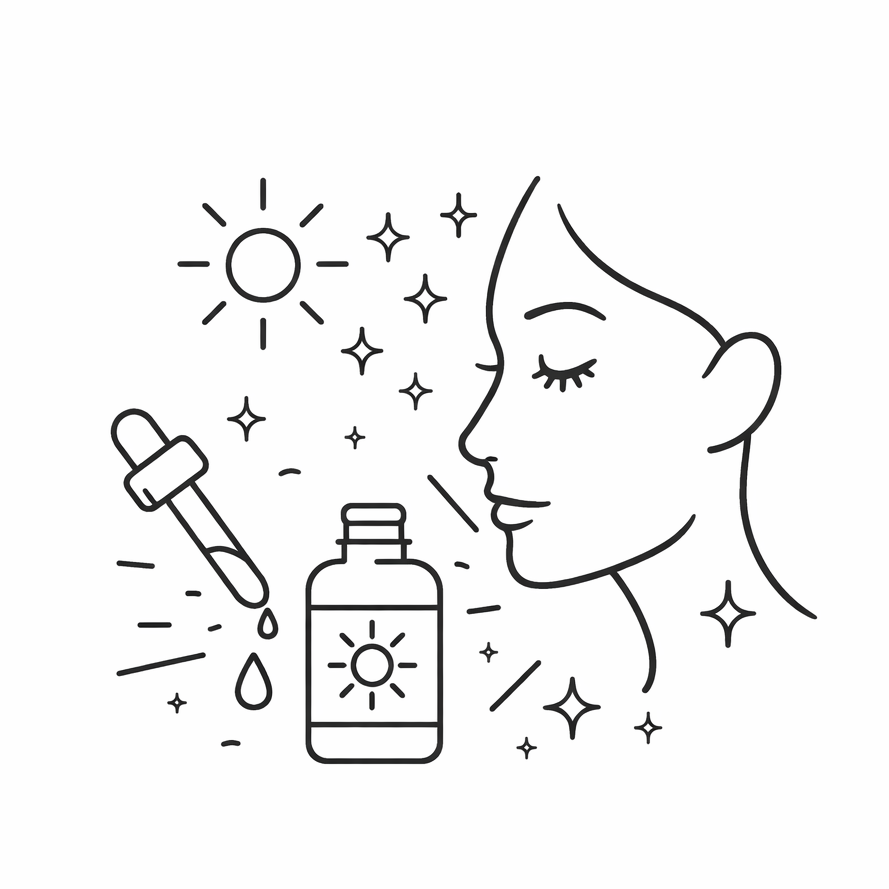Illustration of a woman's face with skincare icons and text about Radiance Boost.