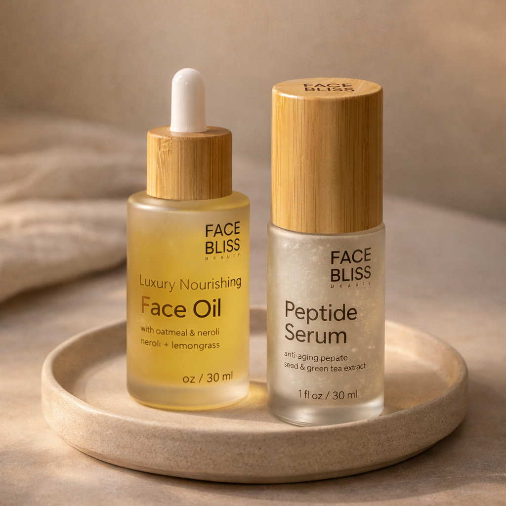 Two Face Bliss skincare products on a wooden tray with a beige background