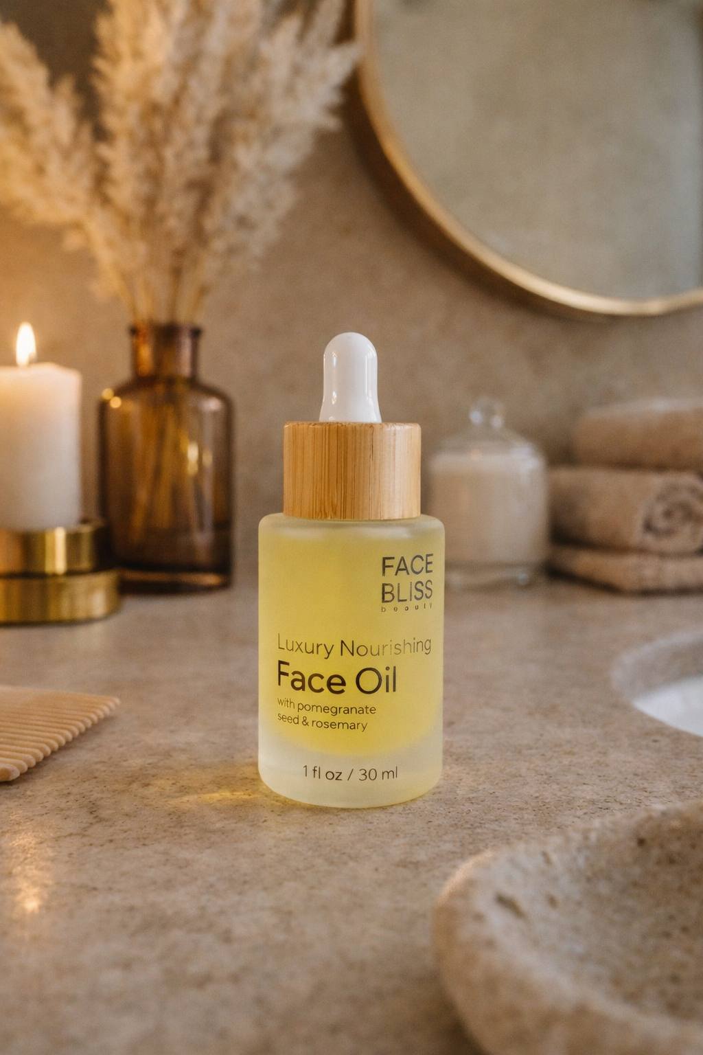 FaceBliss Luxury Nourishing Face Oil with pomegranate seed and rosemary — 30ml bottle on bathroom counter